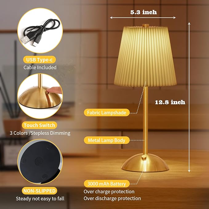 2-Pack Cordless Table Lamp,3000mAh Rechargeable Battery Operated Touch Light, Portable 3-Color Dimmable Vintage Ambient Light Beige Fabric Shade for Dining Table/Bedroom/Kitchen/Bathroom/Entryway/Gift