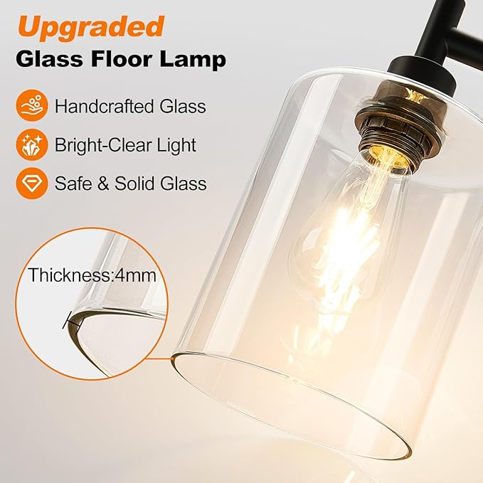 【Upgraded】Dimmable Floor Lamp for Living Room with Glass Shade, Black Modern Industrial Floor Lamp with 900LM LED Bulb Included, Bright Standing Tall Lamp for Bedroom, Office, Reading Room, Corner