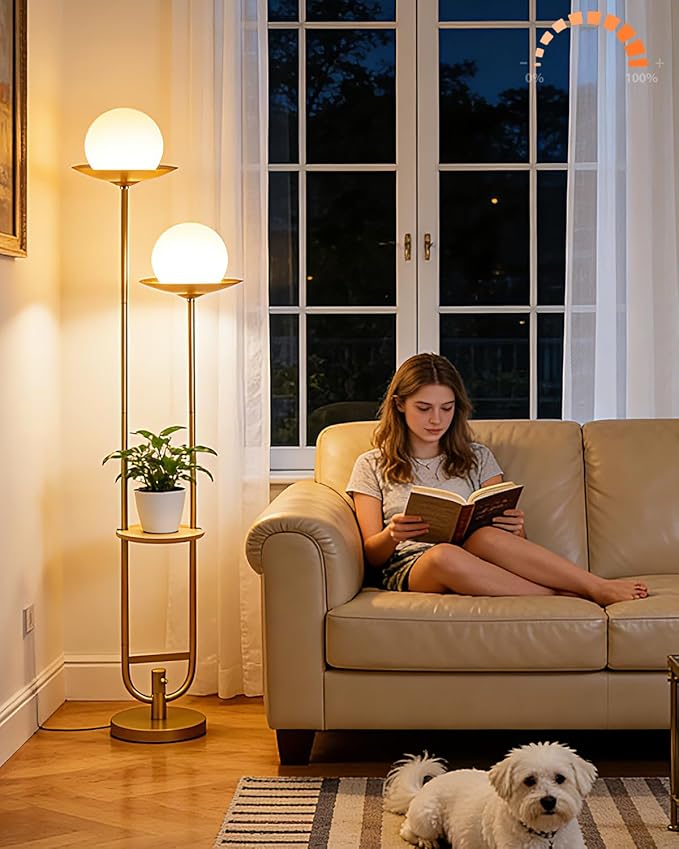 Lightdot 63IN Gold Floor Lamp with U Pole, 2 Globe Mid Century Standing Lamps Dimmable with 3000K Warm White LED Bulbs, Unique Vintage Tall Floor Lamp for Living Room/Wedding/Party
