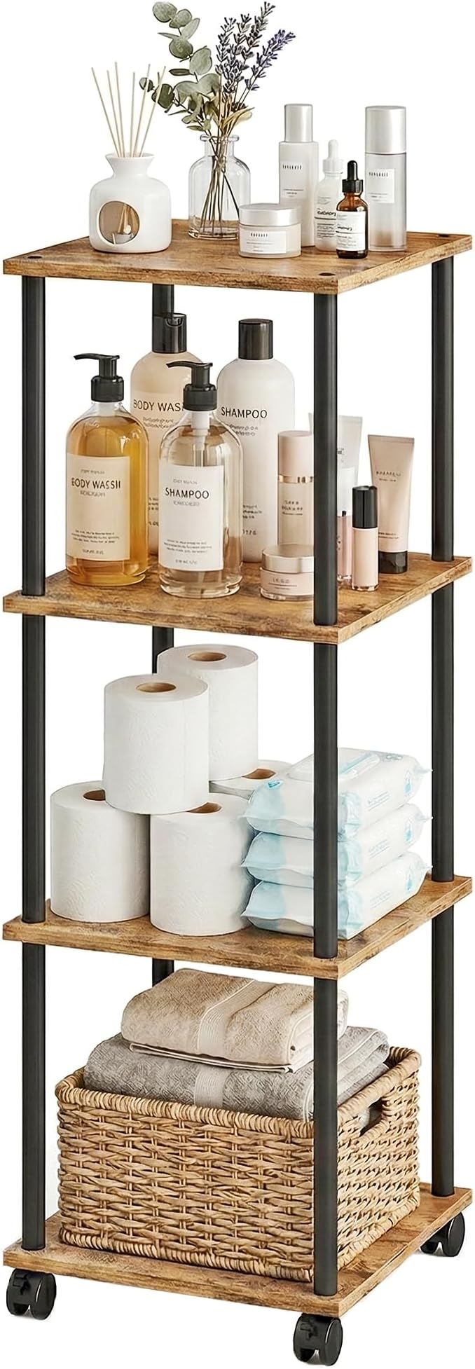 Bathroom Shelving Unit with Wheels, 4-Tier Narrow Open Floor Shelves, Metal Corner Slim Storage Rack for Bathroom Laundry Room Kitchen Living Room, Rustic Brown