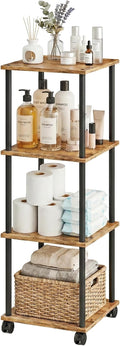 Bathroom Shelving Unit with Wheels, 4-Tier Narrow Open Floor Shelves, Metal Corner Slim Storage Rack for Bathroom Laundry Room Kitchen Living Room, Rustic Brown