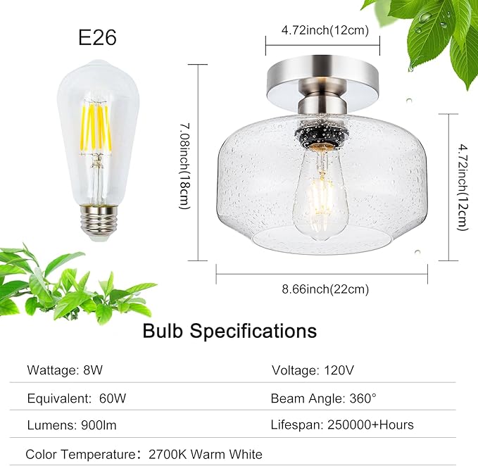 Tbaoinal Semi Flush Mount Ceiling Light Seeded Clear Glass Shade Matal Base Inclede LED Bulb, Low-Profile for Kitchen/Hallway/Entryway/Bathroom,Matte Silver
