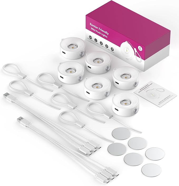 2" Rechargeable Mini Puck Lights w/Lanyard, Renter Friendly Magnetic Stick On Battery Operated Lights, Wireless Motion Sensor Light Indoor for Closet, Wall, Shelves, Kitchen, Locker - 6Pack/White