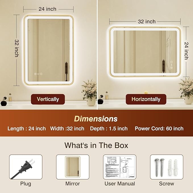 24x32 Inch Gold Framed LED Bathroom Mirror with Lights,Smart Bathroom Mirror,Motion Sensor,Anti-Fog,Stepless Dimmable & 3 Colors,Memory,Vanity Mirror for Wall