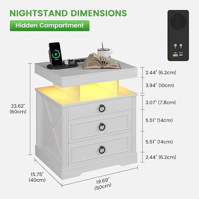 HNEBC Night Stand with Gun Drawers, Farmhouse Nightstand with Charging Station, Secret Bedside tabel with 3 Color Auto Light, Smart End Table with Hidden Storage for Bedroom Furniture-White