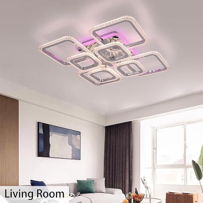 STCH Modern LED Ceiling Light Dimmable,23.6” Flush Mount Ceiling Light,8 Squares Chrome Acrylic Remote Control Chandelier Lighting Fixture for Living Room Office Dining Room Kitchen Bedroom,100W