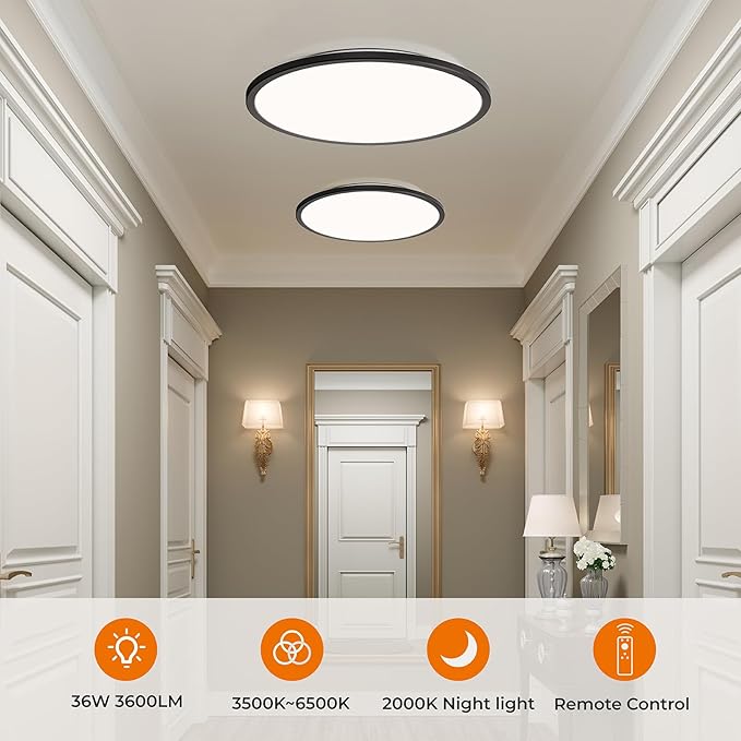 Matane 15.4in LED Flush Mount Ceiling Light Fixture with Remote, 2000K Warm Nightlight, Dimmable 3000K-6500K Low Profile Ceiling Lights for Bedroom, Living Room, 3600LM Black