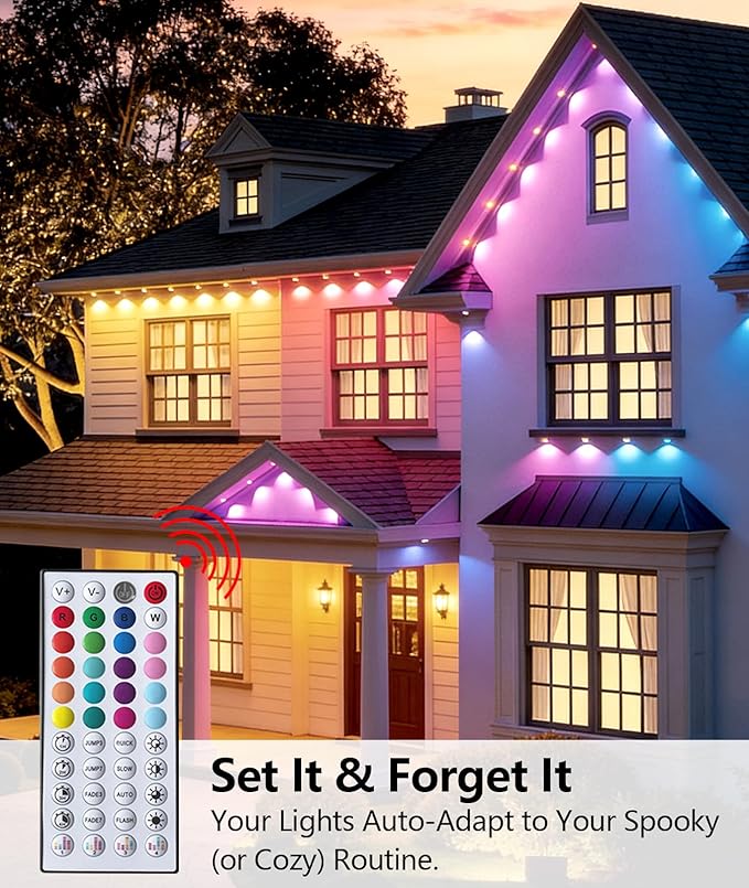 RGB Permanent Outdoor Lights, Smart APP & Remote Control, IP67 Waterproof, for Eaves, Patio, Yard, Party, Villa, 16 Million Colors & Scene Modes