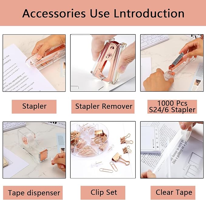 suniya Office Supplies,Desk Accessories,with Stapler,Tape Dispenser,Pen Holder Cup for Desk,Staple Remover,Scissor,Ballpoint Pen,Clear Tape, Staples,Phone Stand,Ruler,Binder,Best Gift Set(Rose Gold)