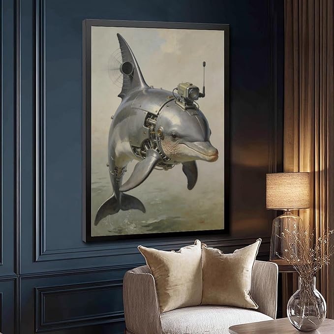 Framed Steampunk Mechanical Dolphin Wall Art - Marine Retro-Futuristic Poster for Beach House Living Room Decor 16x24in