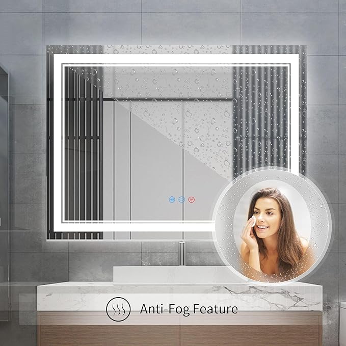 48”x 36” Bathroom Led Vanity Mirror with 3 Colors Light, Dimmable Touch Switch Control, Anti-Fog Wall Mounted Makeup Mirror for Wall (Horizontal)
