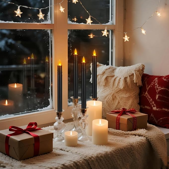 Flameless Taper Candles 10.6" Dripless Battery Operated Taper Candles Included Remote Timer 400+ Hours by 2AA Batteries for Halloween Christmas Wedding (Black, 6 Pack)