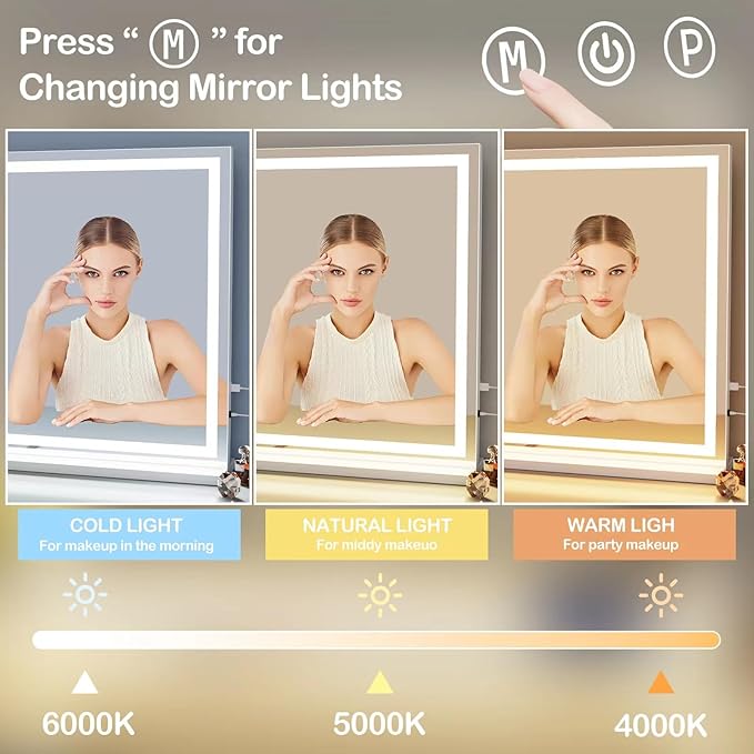 Makeup Vanity Mirror with Lights 32" x 24" Large LED Makeup Mirror, Light up Mirror with 10X Magnification and USB Charging Port, with Dimmable 3 Modes, Touch Screen Control Round White