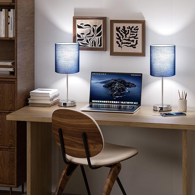 Blue Touch Lamps for Nightstand Set of 2 - Bedside Table Lamp for Bedroom with Dual USB Ports & AC Outlet, 3-Way Dimmable Lamps for Living Room Boys Room, Night Light with 5000K Daylight Bulbs