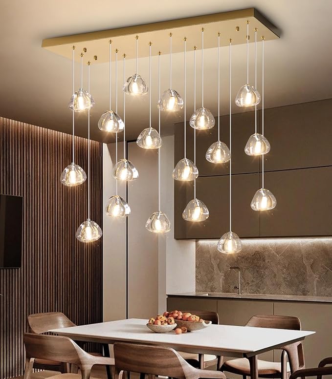 W35 x D11.8 x H118 Rectangular Chandelier Bubble Crystal Balls Glam Chandeliers Dimmable Light High Ceiling Pendants Light Fixtures Adjustable Long Lights Antique Gold