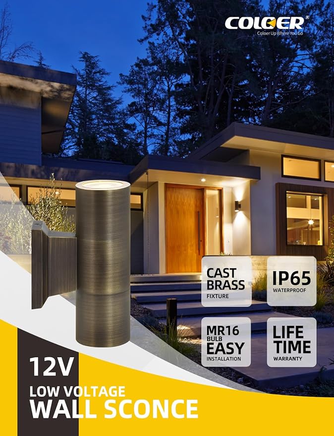 COLOER Brass Outdoor Cylinder Wall Lights(Bronze 6.875" H x 4.25" W) 4 Pack with LED MR16, 12V Low Voltage Porch Light in 2 Lights, 2700K Up Down Lights, Outside Light for House Porch Patio Door