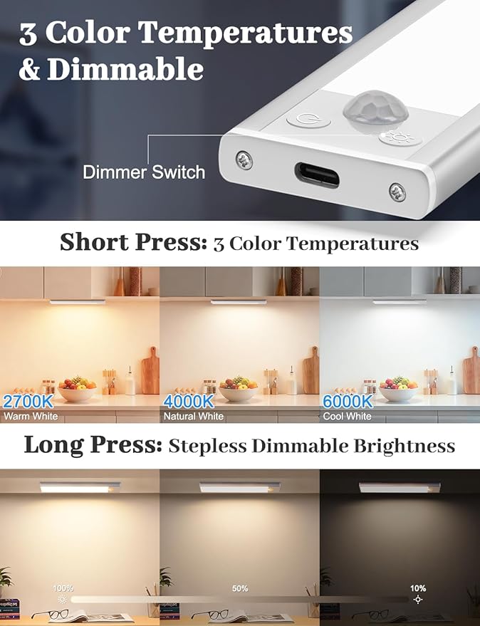 Under Cabinet Lighting with Charging Station, 2200mAh Rechargeable Motion Sensor Light Indoor, Dimmable Closet Lights with 3 Color Tempers, Magnetic Under Cabinet Lights for Kitchen Wireless, 3-Pack
