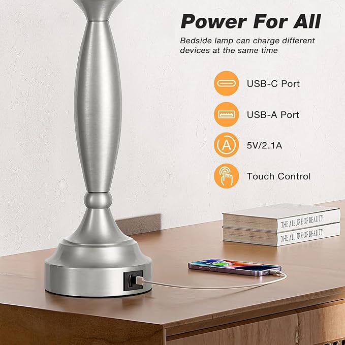Seealle 25.5" White Lamps for Bedrooms Set of 2 - Touch Control Bedside Lamp with USB C+A, 3 Way Dimmable Nightstand Lamps with USB Port, Table Lamp for Living Room(White Shade and Nickel Base)