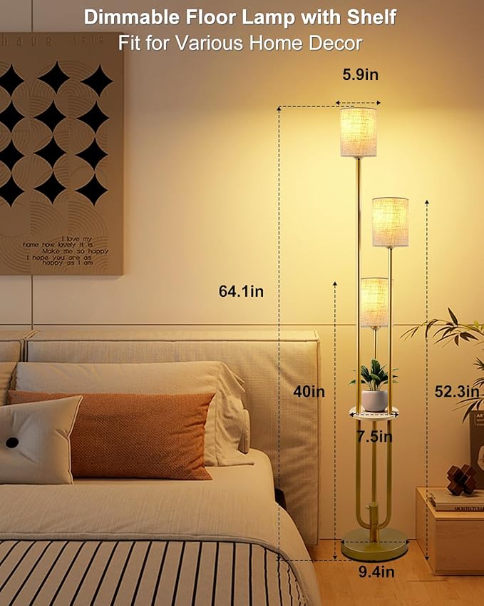 Lightdot Dimmable Floor Lamp for Living Room 3-Light Modern Floor Lamps with Table&Linen Beige Shade 3000K Warmwhite Gold Standing Lamp for Bedroom/Sofa Beside/Corner Decor (Bulbs Included)