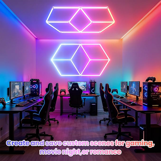 Hexagon Garage Lights RGB - Multicolor LED with Dimming,Speed Control, Perfect for Gaming Setups, Home Bars, Music Studios, DIY Home Gym Lighting