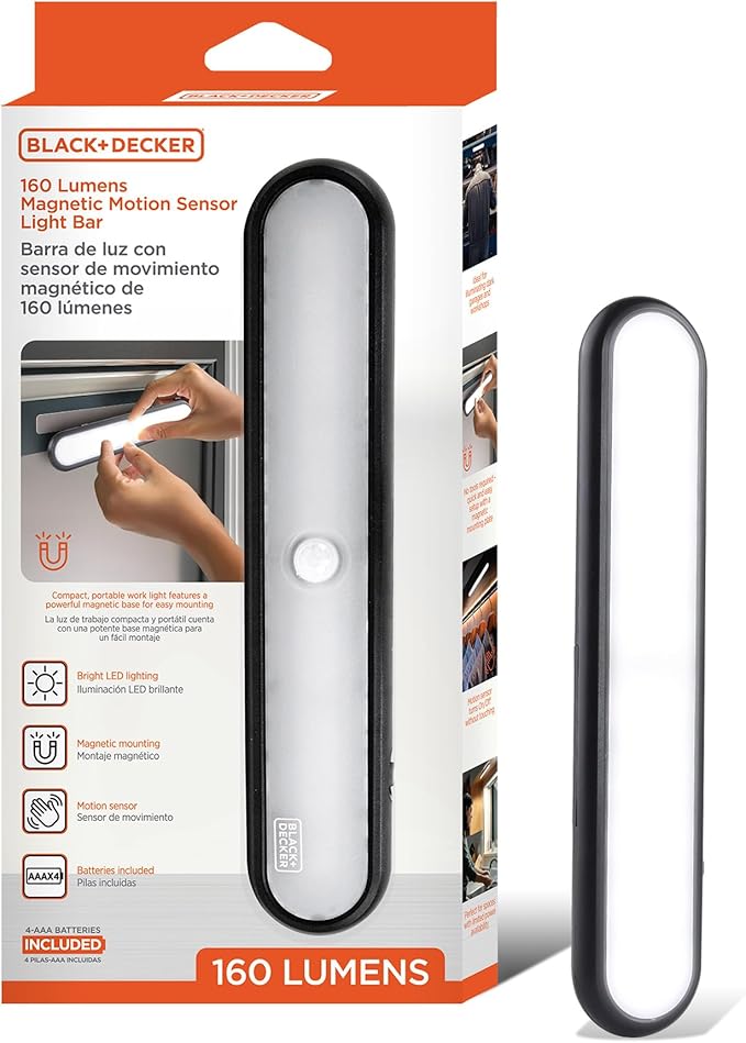 BLACK+DECKER 160LM LED Light Bar, Touchless Motion Sensor, Magnetic Mount, Powered with AAA Batteries, Slim and Portable Design to Brighten Indoor Rooms, Closets, Garages, Shelving (1-Pack)
