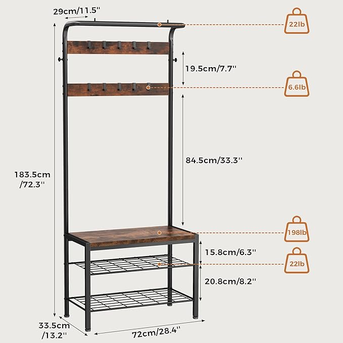 DUMOS Hall Tree with Shoe Bench and Coat Rack, Entryway Bench with Shoe Storage and Hooks, 4-in-1 Coat and Shoe Rack for Entryway, Mudroom Storage Organizer with Shelves, Rustic Brown