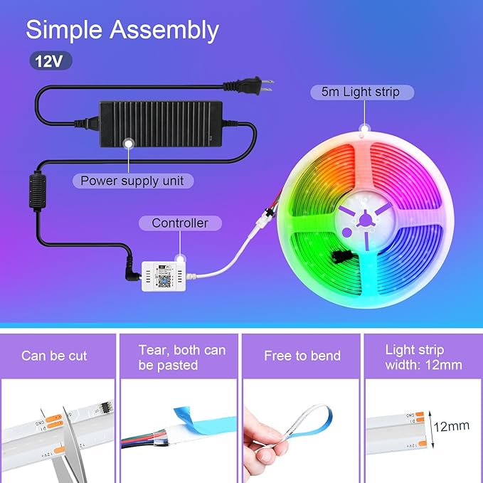 INDARUN RGB Smart IC COB Led Strip Light 720 LEDs/M, 16.4ft/5M 12mm Width, 12V Alexa Addressable Led Strip for TV Led Backlight, Music Sync, APP Control, Flexible Led Tape Light for Bedroom