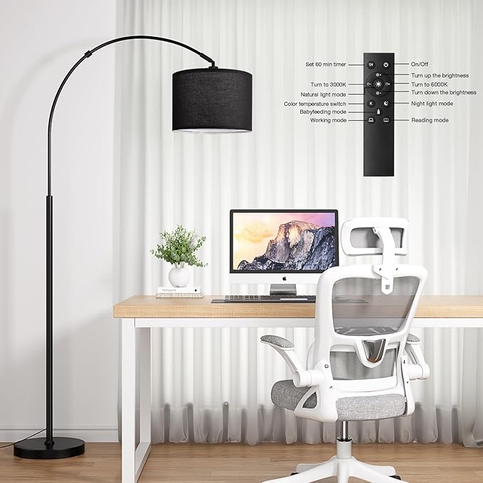 Ambimall Dimmable Arc Floor Lamp with Remote, Color Temperatures and Brightness Adjustable, Arched Floor Lamp with Rotating Head, Over Couch Arched Reading Light for Living Room (Black and Black)