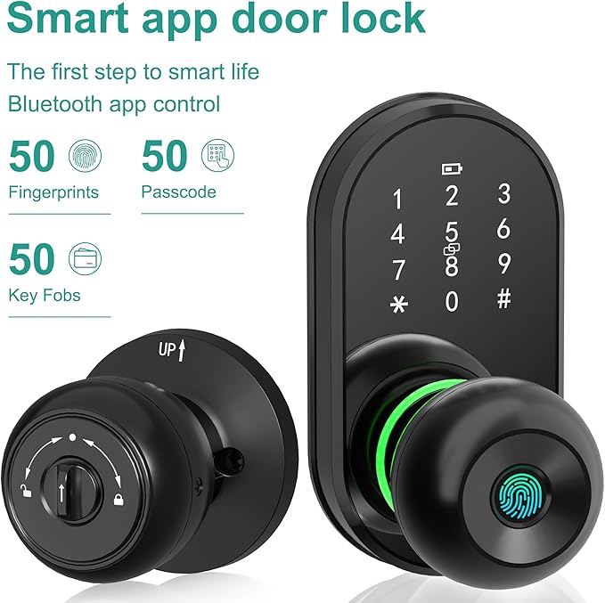 Smart Door Lock Keyless Entry Door Lock with Knob, Keypad Fingerprint Door Lock with Handle, Electronic Digital Code for Front Door, App Remote Control, Easy Installation