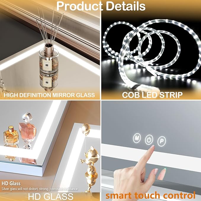Vanity Mirror with Lights, 11"× 14" LED Makeup Mirror, Lighted Makeup Mirror with Lights, Smart Touch Control Dimmable 3 Modes Light 360°Rotation White