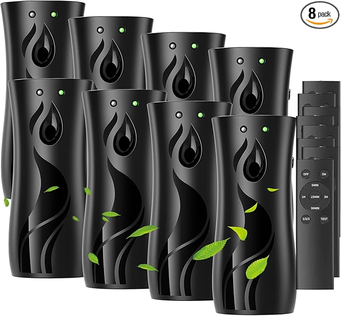 8-Pack Automatic Air Freshener Spray Dispenser with Remote Control,Wall Mounted/Free Standing for Commercial Use,Multiple Time Scent/Mist Release Settings for Room/Restroom (BLACK, standard)