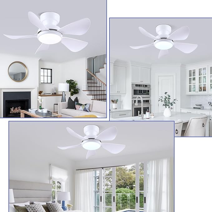 32 Inch Modern Ceiling Fans with Lights, Small Flush Mount Ceiling Fan with Light and Remote/APP Control, 5 Reversible 6 Speeds Curved Blades, 3 CCT Dimmable Lights for Kids Room, White