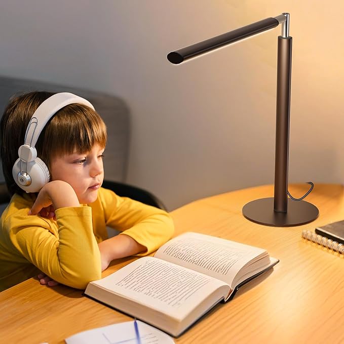 Brown LED Desk Lamp, 16" Dimmable Metal Desk Light with Base, 15W 1200LM, Adapter Included, Color & Brightness Adjustable, Modern Tall Table Lamp for Home Office Reading Study Task Laptop
