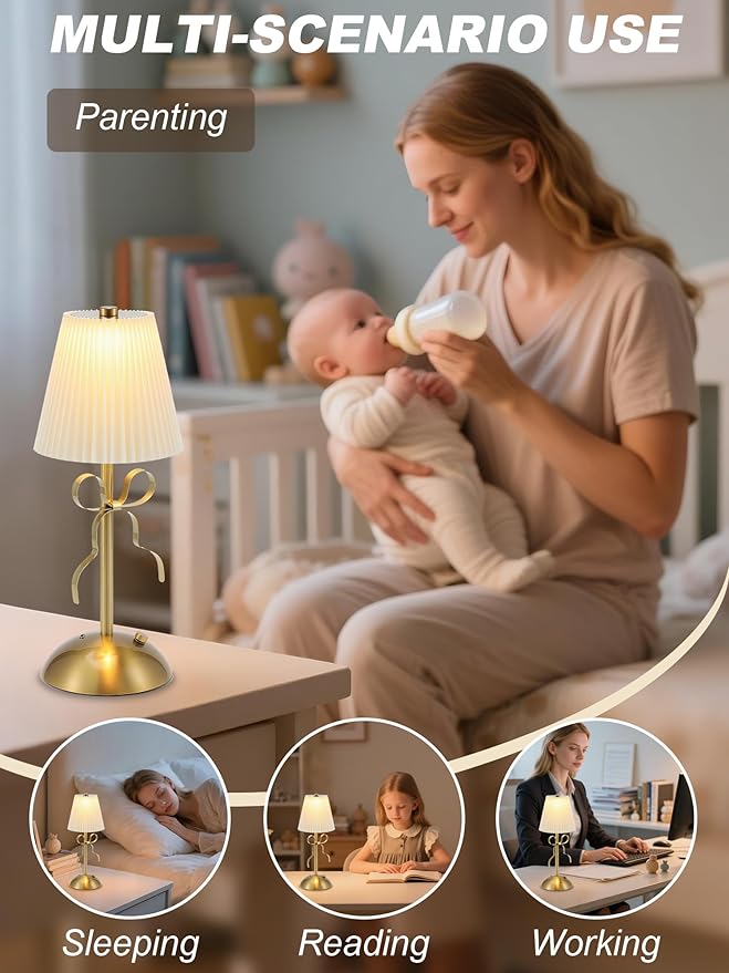 Cordless Table Lamp,Small Desk Lamp with 3 Color,Touch Dimmable Bedsdie Lamps,Bow Lamp with Fabric Shade,LED Night Light for Girls Room Princess Room Decor(Gold)