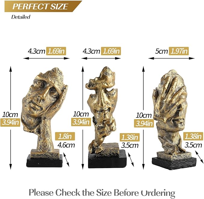Modern Living Room Decoration - Gold Abstract Sculpture Decor for Shelves, Thinker Statues Set of 3, Resin Face Knick Knacks Home Decor for Office Bookshelf, Table, Gift for Friends