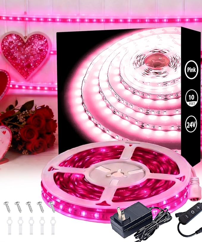 Pink 10 Foot Led Lights Strip Valentines Day Decor Rope Lights Easy DIY Princess Bedroom Cuttable Strip Lights for Baby Room Bathroom Living Room Kitchen Ceiling Wall Vanity Mirror Decoration