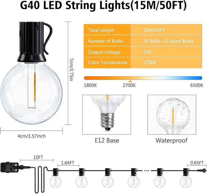 G40 LED Outdoor String Lights, 50FT LED Patio Lights with Light Sensor Timer, 27 Shatterproof Globe Bulbs(2 Spare), Waterproof Connectable Hanging Lights for Backyard Porch Balcony Decor