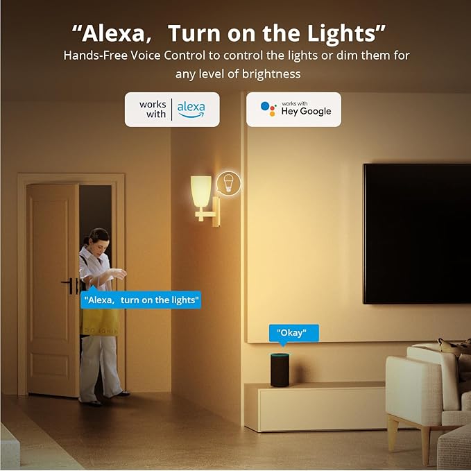LED Smart Light Bulbs, Color Changing Light Bulb Work with Google Home, Alexa, Preset Scene, Music Sync, A60 E27 2.4GHz RGBTW WiFi Bluetooth 9W, 806LM