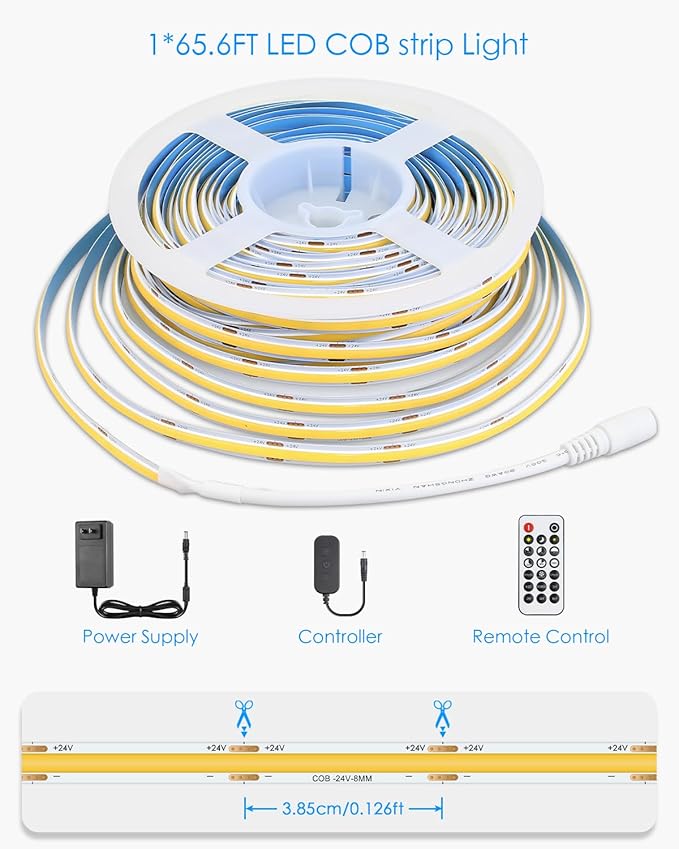 White COB Led Strip Lights 65.6FT/Roll with Dam-Process 6500K 24V LED Light Strips with Remote Cold White Dimmable COB LED Light Flexible LED Rope Light for Bedroom Cabinet Home DIY Lighting 480LED/M