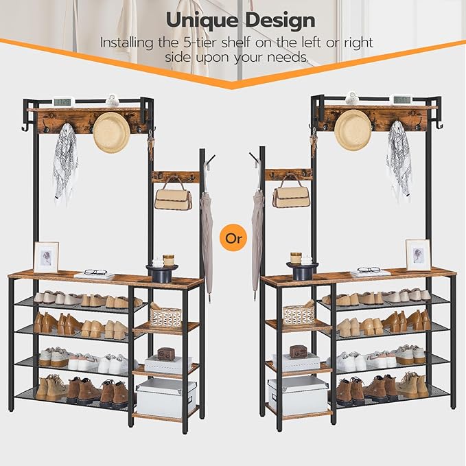 HOOBRO Hall Tree with Bench, Entryway Bench with Coat Rack, Shoe and Coat Rack for Entryway, Coat Rack with Shoe Storage and Reversible Storage Shelves, Rustic Brown BF105MT01