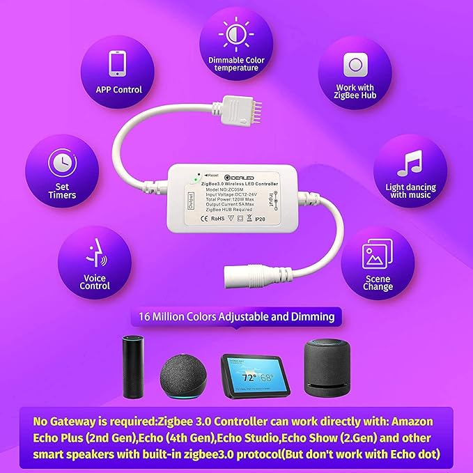 GIDEALED Smart Zigbee 3.0 RGBWW LED Strip Lights16.4ft Kit Compatible with Echo Plus Echo Studio Alexa Voice & APP Control RGB Warm White Cold White RGBCCT LED Strips Dimmable,Hub Bridge Required