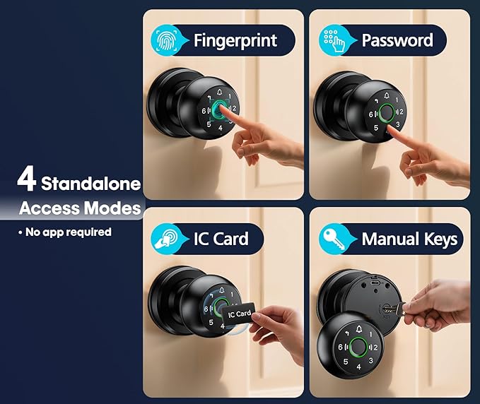 【WiFi-Triggered】 5-in-1 WiFi Smart Fingerprint Door Knob Lock with Keypad - Lock-Side Programming, Local Data Storage, Doorbell-Triggered Remote Unlock, Real-Time Alerts - Ideal for Bedrooms, Offices
