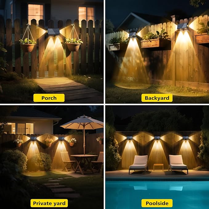 T-SUN Solar Fence Lights Waterproof LED Wall Lights Outdoor with 2 Bright Modes Warm White Solar Powered Dusk to Dawn Fence Light for Backyard Railing Patio Porch Pool 4 Pack