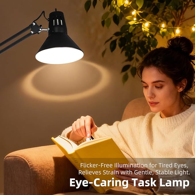 LED Desk Lamp Dimmable with Clamp, Eye-Caring Clip on Lights for Home Office, 3 Adjustable Color Temperature,Extra Tall Metal Swing Arm, High Intensity Clamp w/A19 E26 Bulb for Working Reading