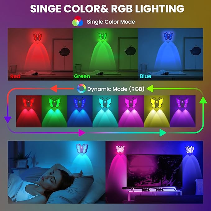 LOFTEK Rechargeable Motion Sensor Light, 2 Color Modes, Dimmable RGB Ambient Lighting, Cute Butterfly Light for Kid's Bedroom, Bathroom, Hallway, Tent & Stairs - Ideal Home Decor & Gift, White of 4