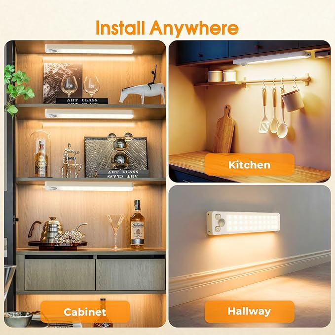 Under Cabinet Rechargeable Dimmable Lighting: 3 Color Temperature Motion Sensor Lights Indoor - Battery Operated Lights - Activated Closet Magnetic Wireless Led Light for Kitchen Home Bathroom 4 Pack