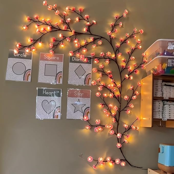 Cherry LED Tree Branch Lights for Wall, Cherry Blossom Willow Vine Twig Decor Garland with 96 LED Lights and Remote,8 Lighting Modes,Christmas Decorations Indoor for Home Wall Door Window (71inch)
