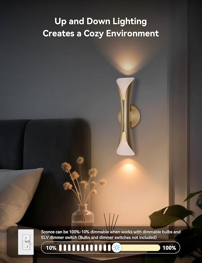 Tubicen Wall Sconce Gold Mid Century Modern Movie Theater Sconces Wall Lighting Up Down Hardwired Indoor Dimmable Wall Lights for Living Room Bedroom Hallway Stairway 15.7" H