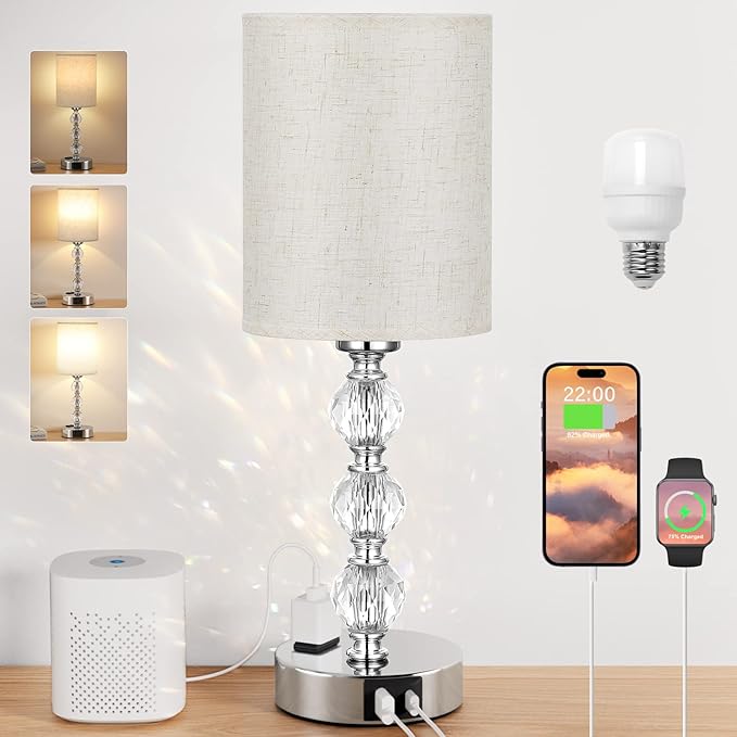 White Touch Bedside Lamps for Bedrooms - Crystal Table Lamp with USB C+A Charging Port and AC Outlet Nightstand, 3 Way Dimmable Silver Small End Side Table Lamp for Living/Guest/Dinning Room/Kitchen