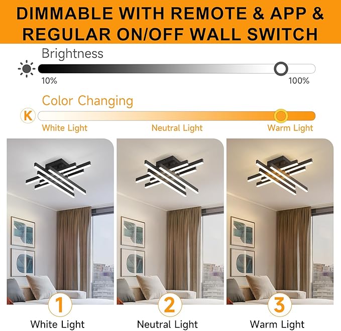 Modern LED Ceiling Light with Remote, Dimmable 21-inch Ceiling Lights for Bedroom Living Dining Room Kitchen, Black Flush Mount Ceiling Light Fixture LED Chandelier Ceiling Lamp (6-Light)